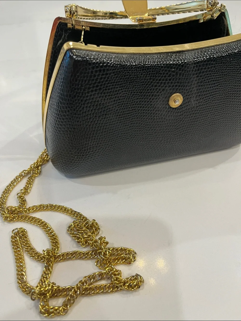 Black Crystal-Accent Evening Top-Handle Clutch